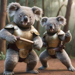 A fierce koala warrior in an intense battle with another koala warrior. Both are equipped with traditional combat armor, their eyes glowing with determination.