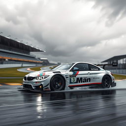 A high-performance racing BMW M4 speeding through the rain-soaked Le Mans track