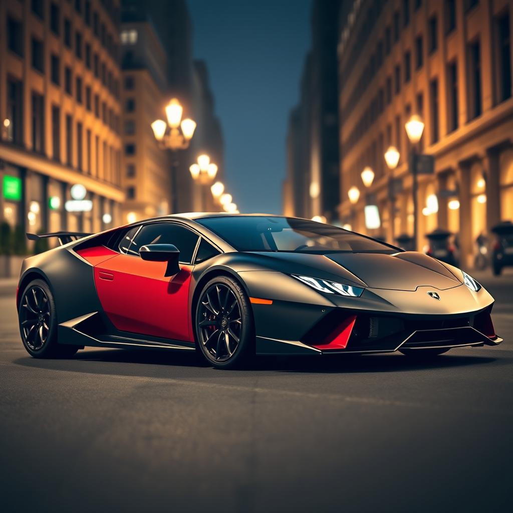 A striking Lamborghini STO adorned with a matte black and red vinyl wrap, prominently displaying the Italian flag colors