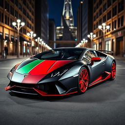 A striking Lamborghini STO adorned with a matte black and red vinyl wrap, prominently displaying the Italian flag colors