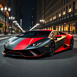 A striking Lamborghini STO adorned with a matte black and red vinyl wrap, prominently displaying the Italian flag colors