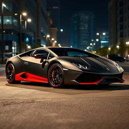 A striking Lamborghini STO adorned with a matte black and red vinyl wrap, prominently displaying the Italian flag colors