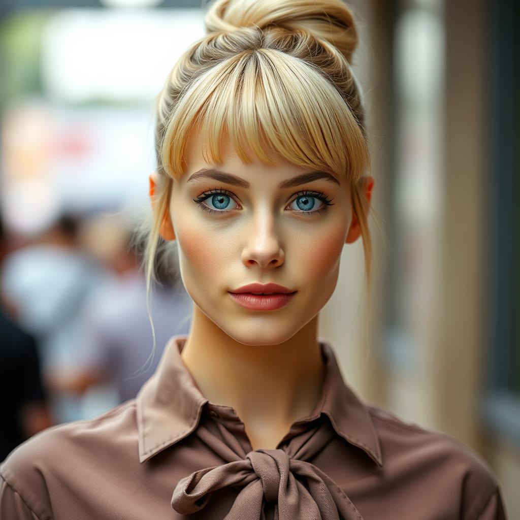 A beautiful young woman with a stylish blonde bun hairstyle, featuring soft bangs framing her clear face