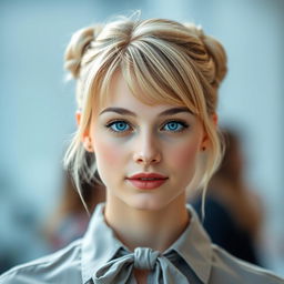 A beautiful young woman with a stylish blonde bun hairstyle, featuring soft bangs framing her clear face