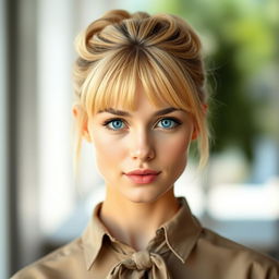 A beautiful young woman with a stylish blonde bun hairstyle, featuring soft bangs framing her clear face