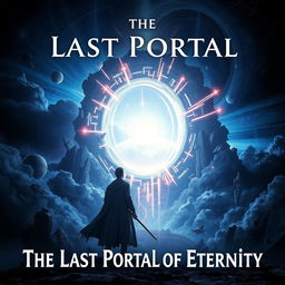 A striking fantasy book cover featuring a massive portal, adorned with a shimmering energy field, floating elegantly in the vastness of space