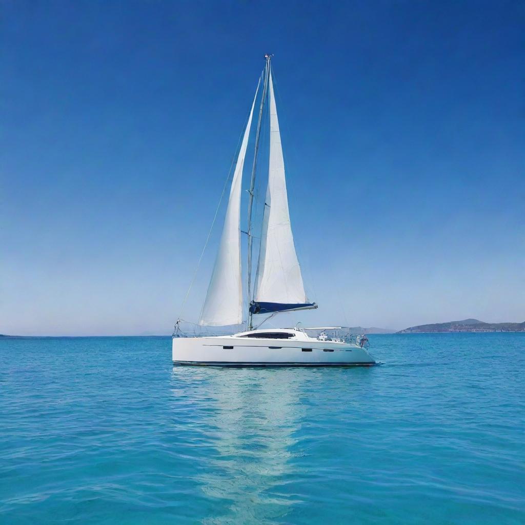 A sleek, modern boat sailing on calm, crystal clear waters under a bright blue sky.
