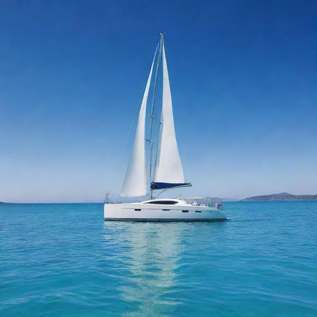 A sleek, modern boat sailing on calm, crystal clear waters under a bright blue sky.