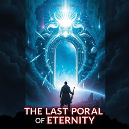 A striking fantasy book cover featuring a massive portal, adorned with a shimmering energy field, floating elegantly in the vastness of space