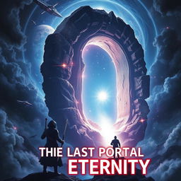 A striking fantasy book cover featuring a massive portal, adorned with a shimmering energy field, floating elegantly in the vastness of space