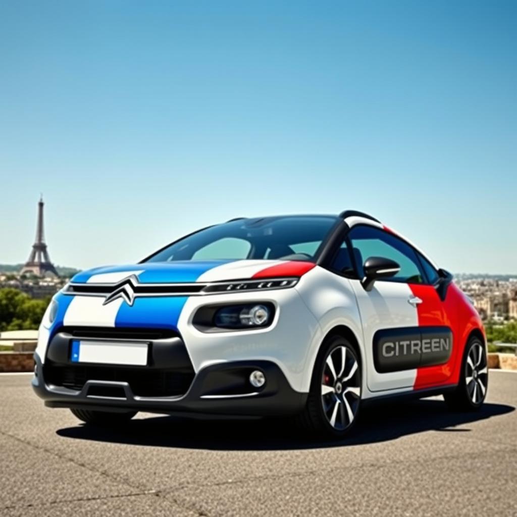 A stylish and sporty Citroën car adorned with the vibrant colors of the French flag, showcasing its sleek design and dynamic features