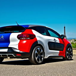 A stylish and sporty Citroën car adorned with the vibrant colors of the French flag, showcasing its sleek design and dynamic features