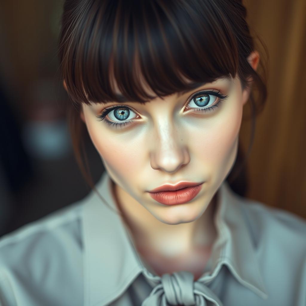 An extreme close-up of a gorgeous female with full body visible, featuring stylish bangs framing her clear face