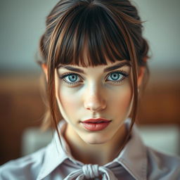 An extreme close-up of a gorgeous female with full body visible, featuring stylish bangs framing her clear face