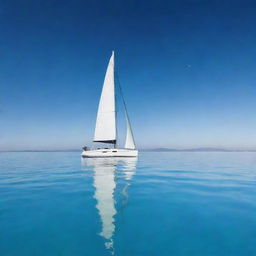 A sleek, modern boat sailing on calm, crystal clear waters under a bright blue sky.