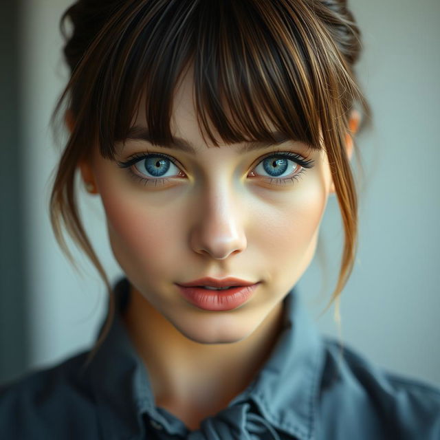 An extreme close-up of a gorgeous female with full body visible, featuring stylish bangs framing her clear face