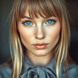 An extreme close-up of a gorgeous female with full body visible, featuring stylish bangs framing her clear face