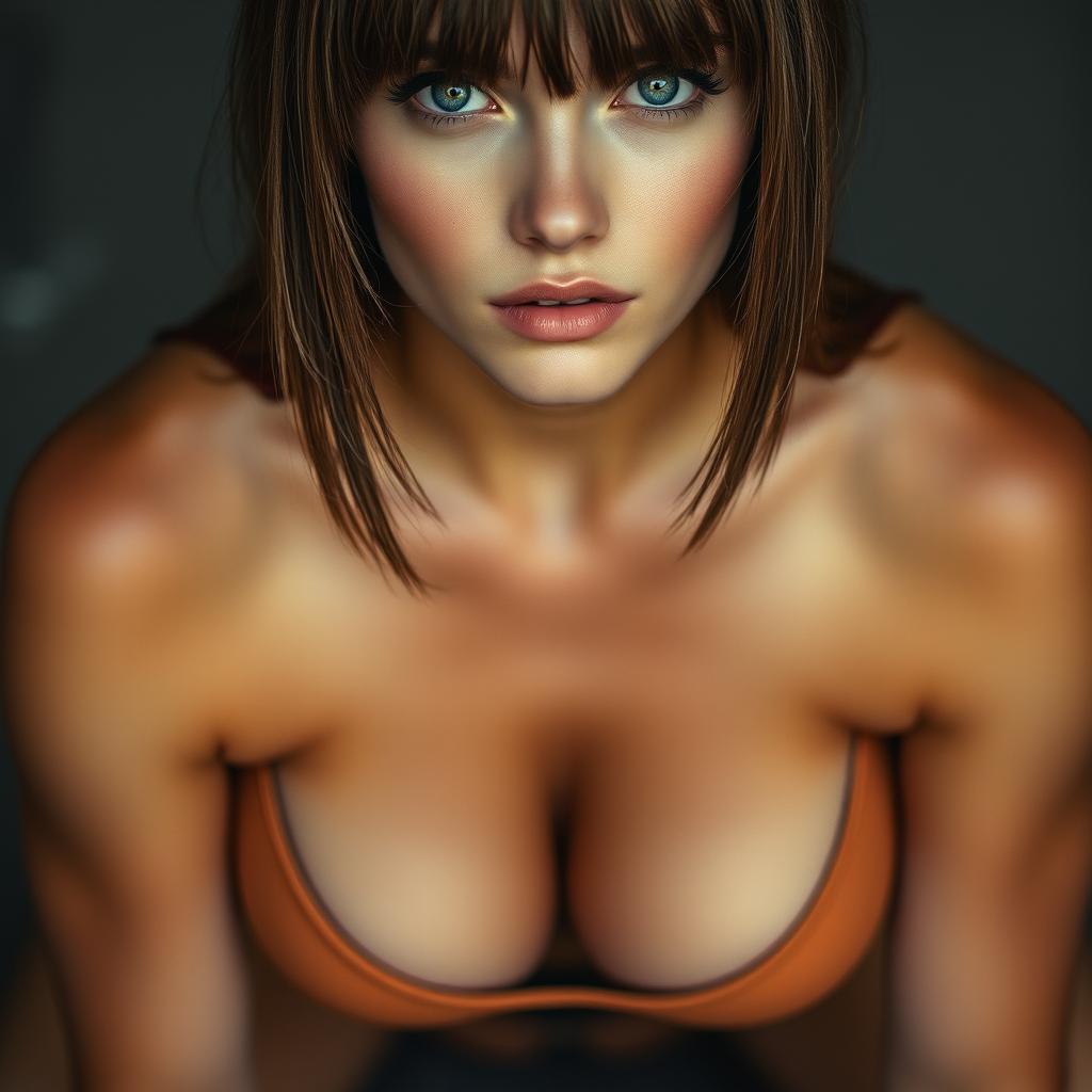 An extreme close-up of a gorgeous female chest, featuring bangs framing her clear face and striking blue eyes