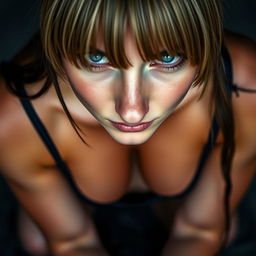 An extreme close-up of a gorgeous female chest, featuring bangs framing her clear face and striking blue eyes