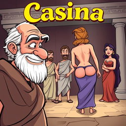 A humorous Greek comedy scene in cartoon style set in an ancient Greek theater