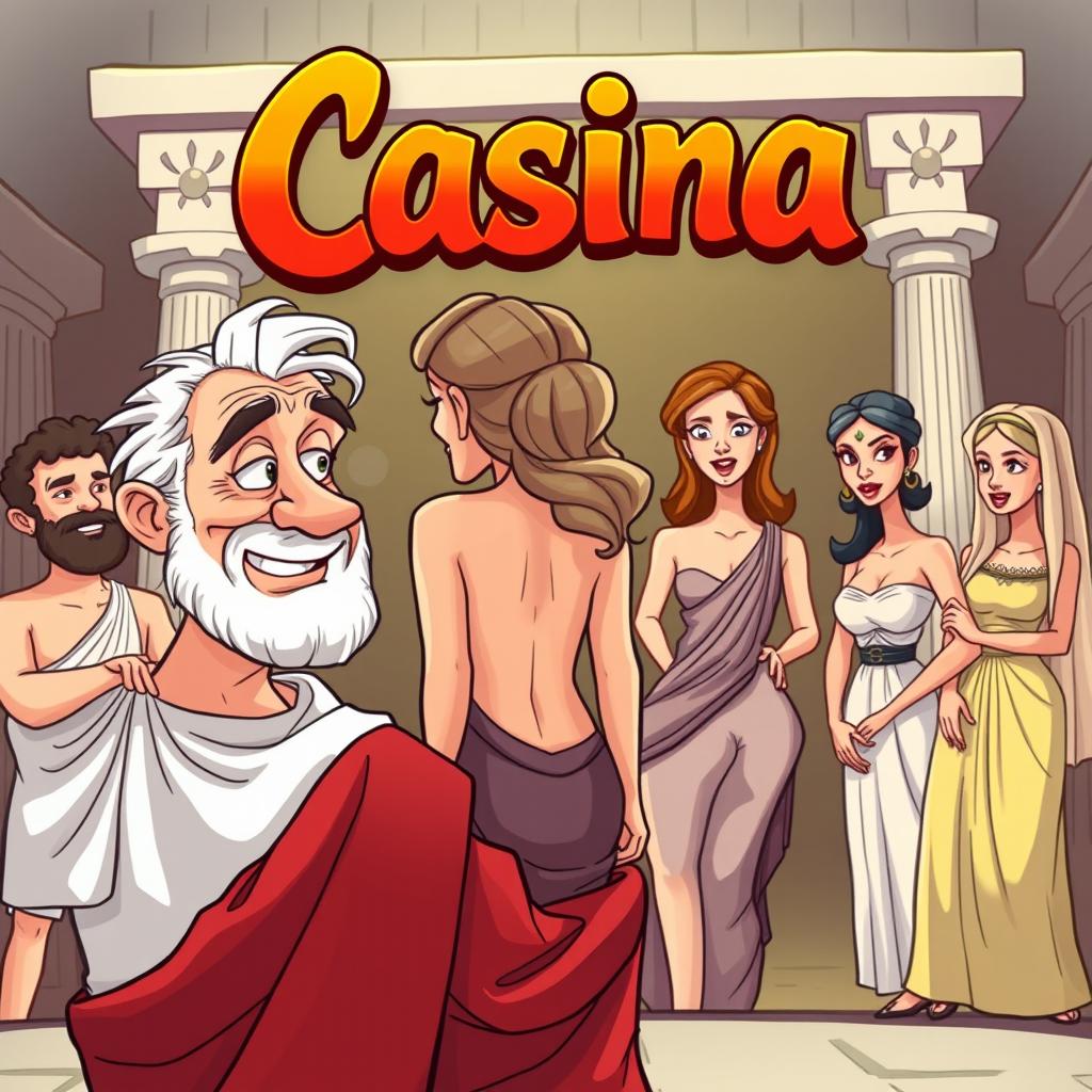 A humorous Greek comedy scene in cartoon style set in an ancient Greek theater