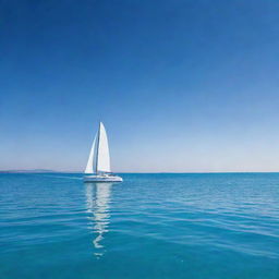 A sleek, modern boat sailing on calm, crystal clear waters under a bright blue sky.