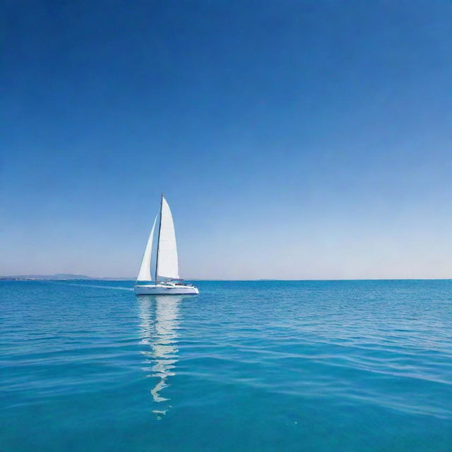 A sleek, modern boat sailing on calm, crystal clear waters under a bright blue sky.