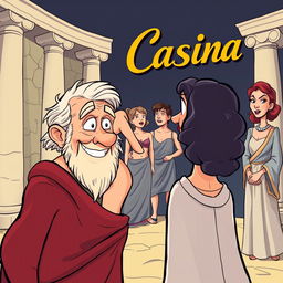 A humorous Greek comedy scene in cartoon style set in an ancient Greek theater