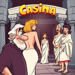 A humorous Greek comedy scene in cartoon style set in an ancient Greek theater