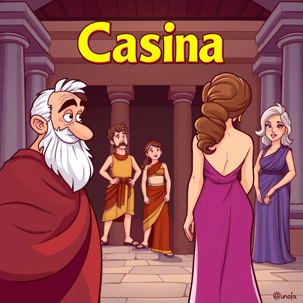 A cartoon-style depiction of an ancient Greek comedy scene set in a Greek theater