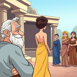 A cartoon-style depiction of an ancient Greek comedy scene set in a Greek theater