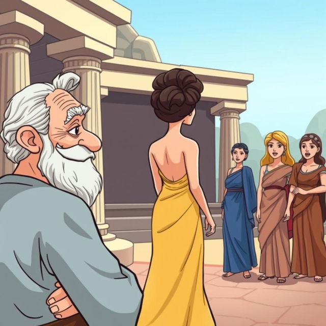 A cartoon-style depiction of an ancient Greek comedy scene set in a Greek theater