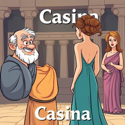 A cartoon-style depiction of an ancient Greek comedy scene set in a Greek theater