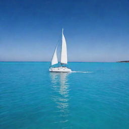 A sleek, modern boat sailing on calm, crystal clear waters under a bright blue sky.