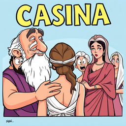 A cartoon-style illustration of a Greek comedy titled 'Casina'