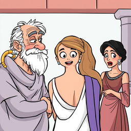 A cartoon-style illustration of a Greek comedy titled 'Casina'