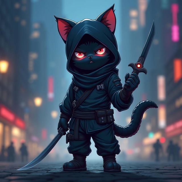 A small Solo Leveling stylized anime black cat-man ninja, characterized by sharp features and an intense gaze, exuding an aura of confidence and stealth