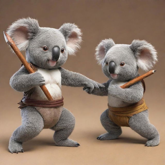 A warrior koala in mid-combat against another warrior koala, depicted in an easy-to-draw style