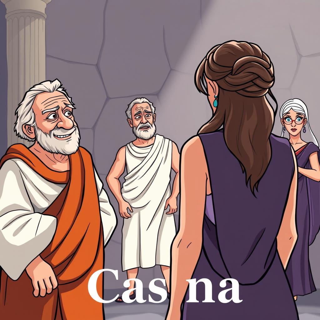 A Greco-Roman comedy scene in cartoon style, featuring an old, lecherous Greek man with a sly smile looking at a beautiful young Greek woman who is facing away from the viewer