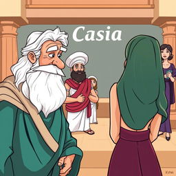 A Greco-Roman comedy scene in cartoon style, featuring an old, lecherous Greek man with a sly smile looking at a beautiful young Greek woman who is facing away from the viewer