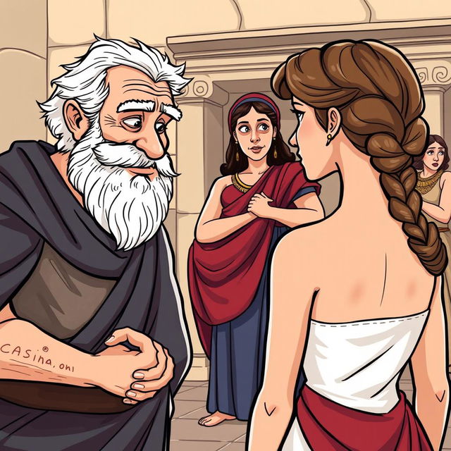 A Greco-Roman comedy scene in cartoon style, featuring an old, lecherous Greek man with a sly smile looking at a beautiful young Greek woman who is facing away from the viewer