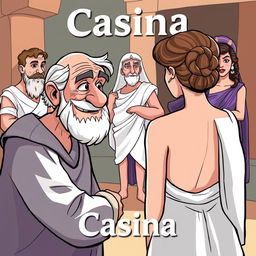 A Greco-Roman comedy scene in cartoon style, featuring an old, lecherous Greek man with a sly smile looking at a beautiful young Greek woman who is facing away from the viewer