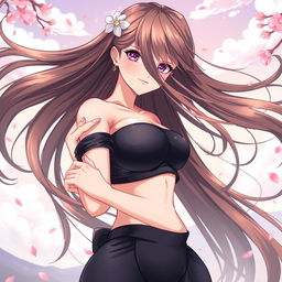 A beautifully illustrated anime-style artwork featuring a confident and attractive woman with long flowing hair, striking a bold pose