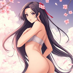 A beautifully illustrated anime-style artwork featuring a confident and attractive woman with long flowing hair, striking a bold pose