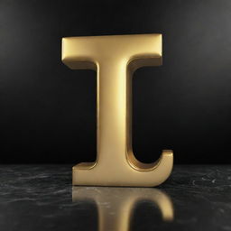 A 3D golden letter J with a glossy finish, reflecting against a black marble background.