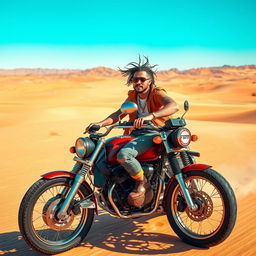 A dynamic rapper riding a motorcycle through the vast desert