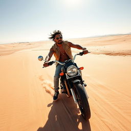 A dynamic rapper riding a motorcycle through the vast desert