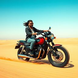 A dynamic rapper riding a motorcycle through the vast desert