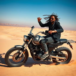 A dynamic rapper riding a motorcycle through the vast desert