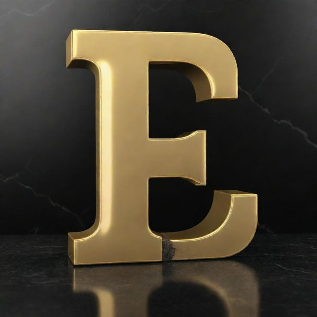 A 3D golden letter J with a glossy finish, reflecting against a black marble background.